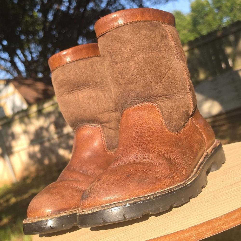 UGG Australia Brown Leather Suede Shearling Lined Mid Calf Lug Sole Boots